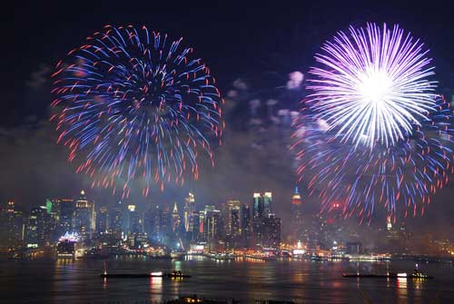 Fireworks over New York City across the Hudson Bay