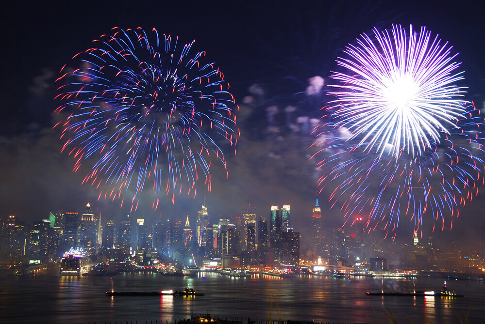 fireworks over New York City view from New Jersey