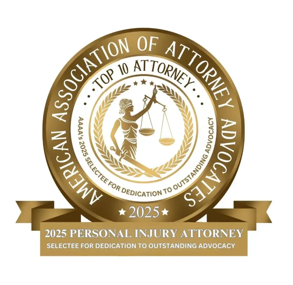 American Association of Attorney Advocates 2025 Badge - Top 10 Attorneys - 2025 Personal Injury Attorney Selectee for Dedication to Outstanding Advocacy