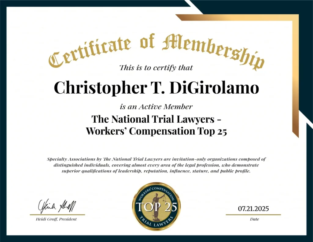 Certificate of Membership - Christopher T. DiGirolamo - The National Trial Lawyers - Workers' Compensation Top 25