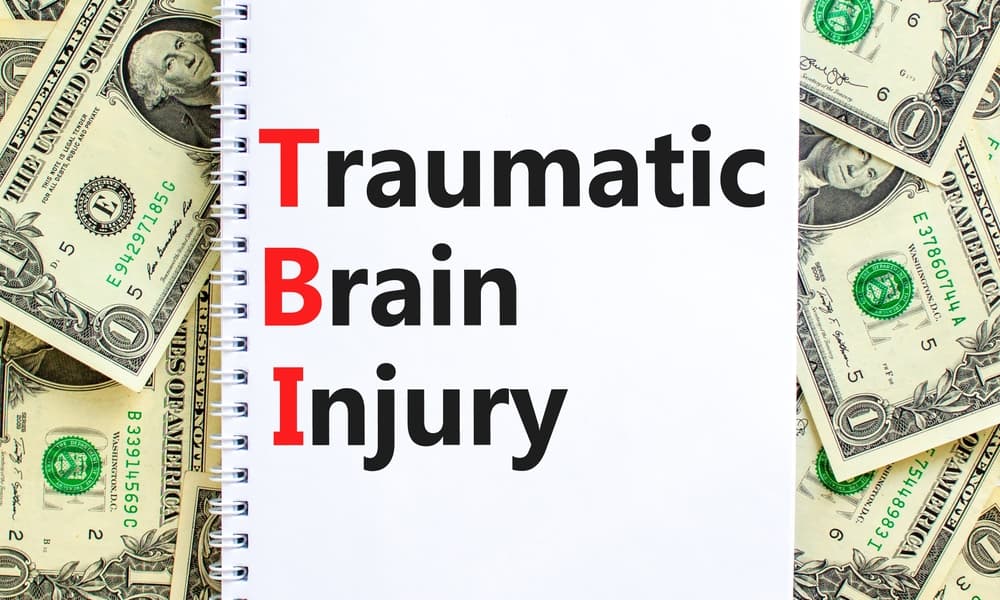 Concept words TBI traumatic brain injury on white note on a beautiful background from dollar bills.