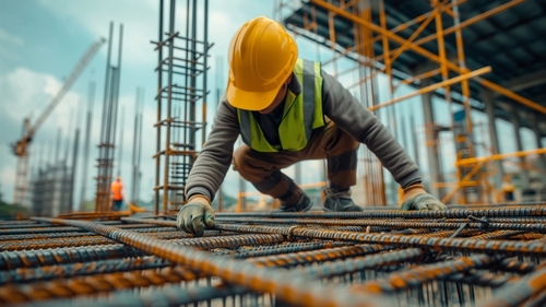 A construction worker wearing a yellow helmet and green safety vest crawling on rebar at a construction site.